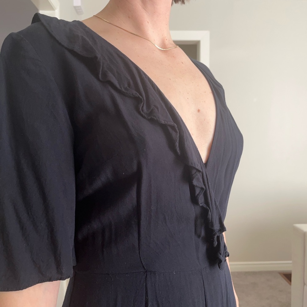 Navy V-Neck Romper with Ruffled Edge - Picture 3 of 5